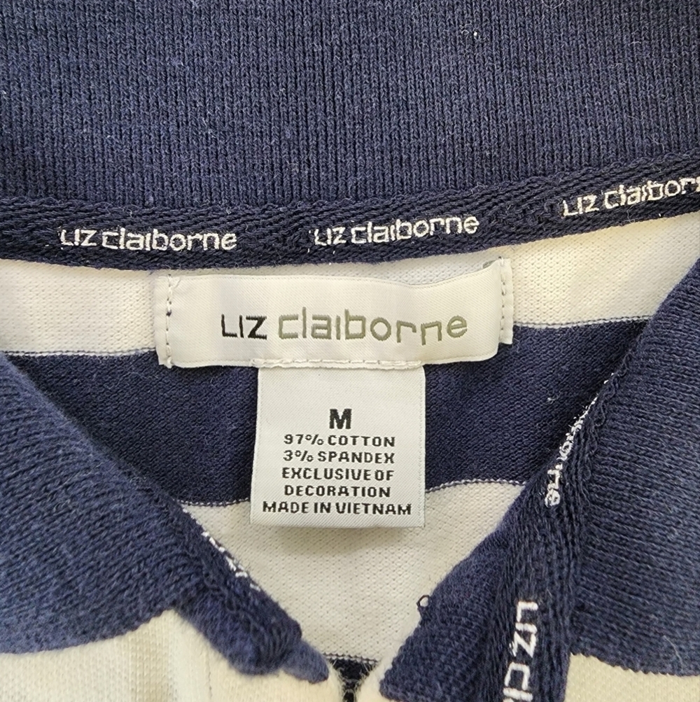 Liz Claiborne Blue White Striped Polo Shirt Nautical Preppy Size Medium - Picture 5 of 9